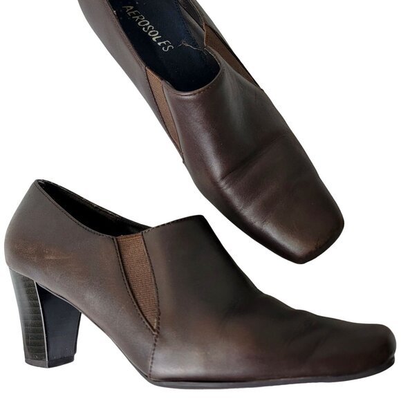 Aerosoles Leather Block Heels Women 8.5 Brown Shoes Formal Work Slip On Loafers - Picture 2 of 14